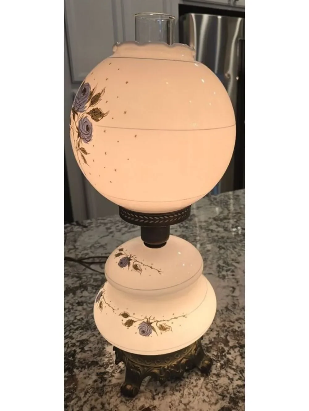 Vintage Gone With the Wind Hurricane Lamp Blue Roses 3-Way Satin Glass 21